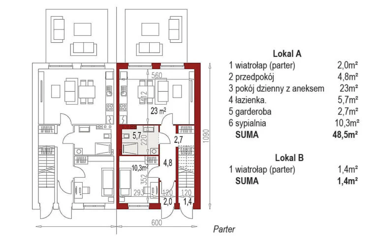 Duo 48+82 jednorodzinny dwulokalowy bliźniak