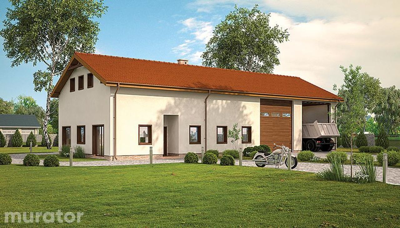 budynek garażowo-magazynowy z częścią mieszkalną, pomocniczą i antresolą gospodarczą gmc57a - GMC57a Wizualizacja 1